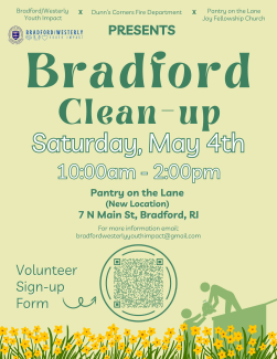 Bradford cleanup Saturday May 4th 10:00am - 2:00pm. 7 North Main Street