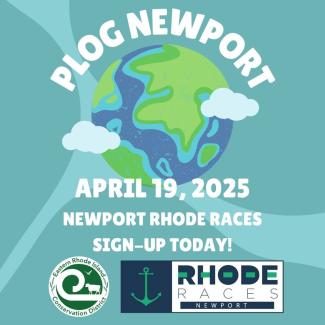 Plog newport flyer with a cartoon globe on it. Event april 19 along the newport marathon course