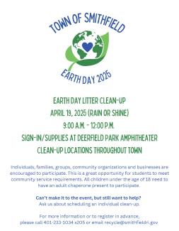 Smithfield earth day cleanup. April 19 at 9:00am at Deerfield Park Amphitheater